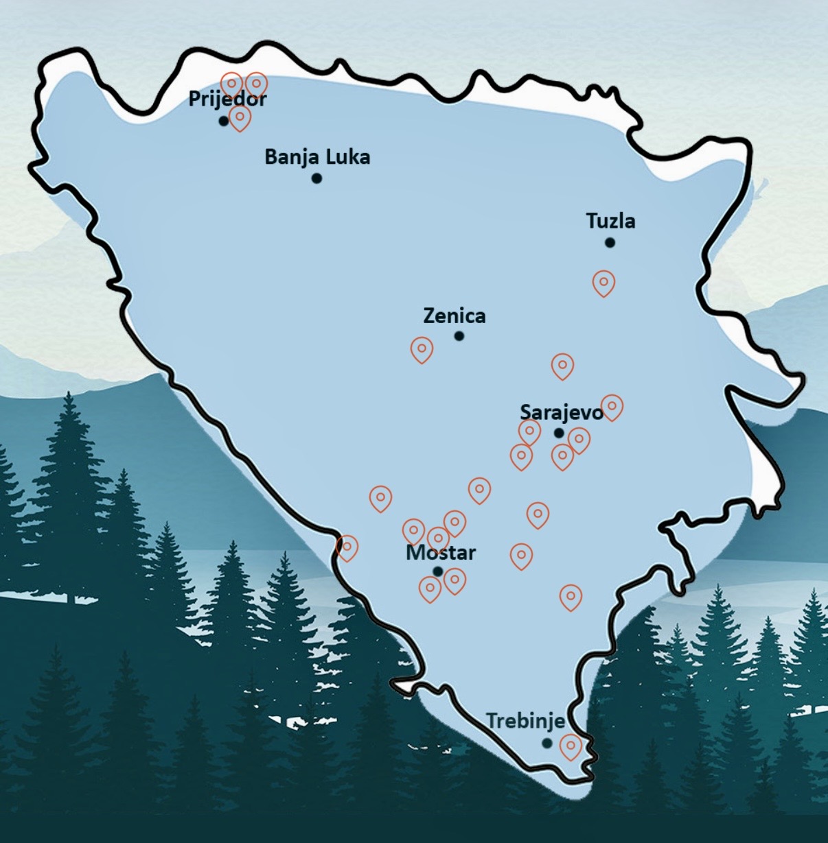 Mapa Bosny a Hercegoviny s vyznačenými ferratami.